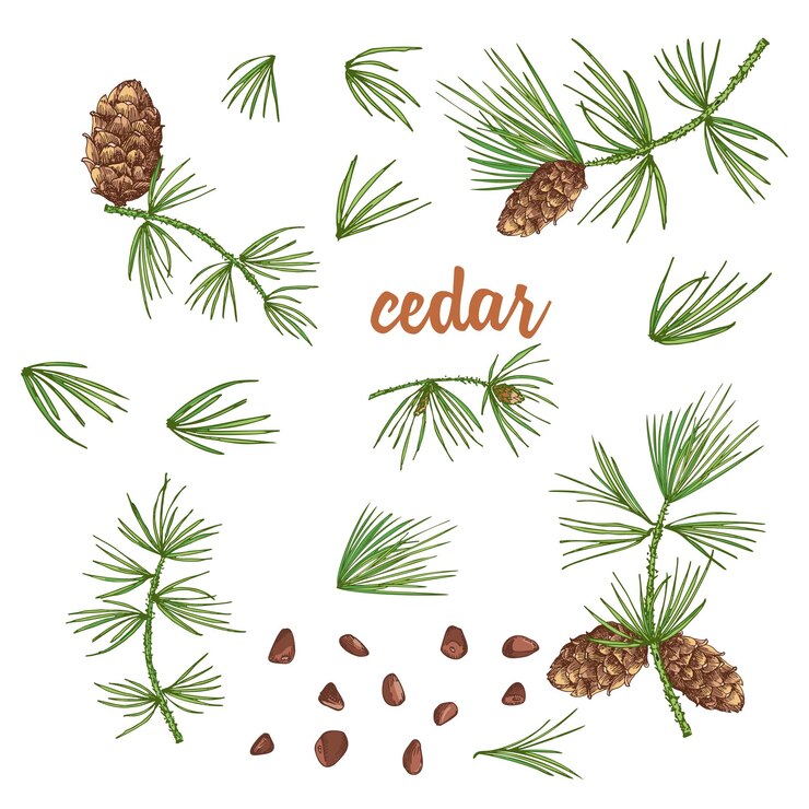 Vector set ink sketch of color cedar branches with pinecones isolated on white background