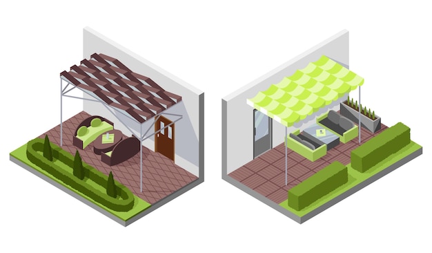 Set of inner courtyard isometric compositions with patio House with private terrace with covering from above Covered veranda for table place Modern architecture