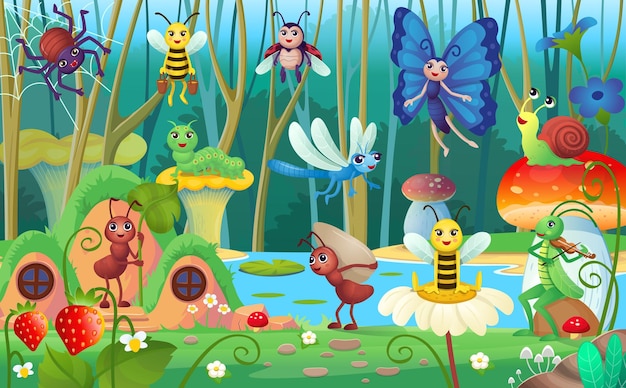 Set of insects background for children in cartoon styleScene of insects butterfly snail