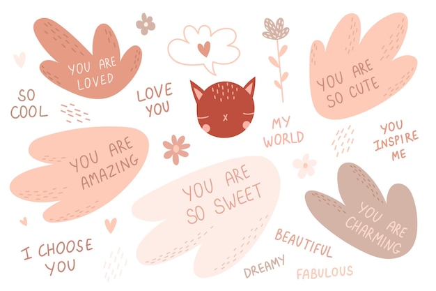 Set of inspirational speech bubbles with compliments quotes about love for yourself cute cat vector