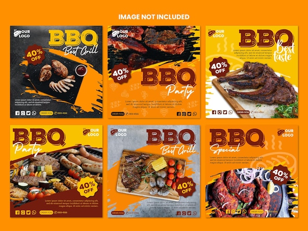 Vector set of instagram post templates with bbq party themes with attractive colors