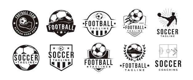 Set di intage badge emblema logo calcio calcio sport squadra club league con icona di concetto di attrezzatura calcio calcio Vettore Premium