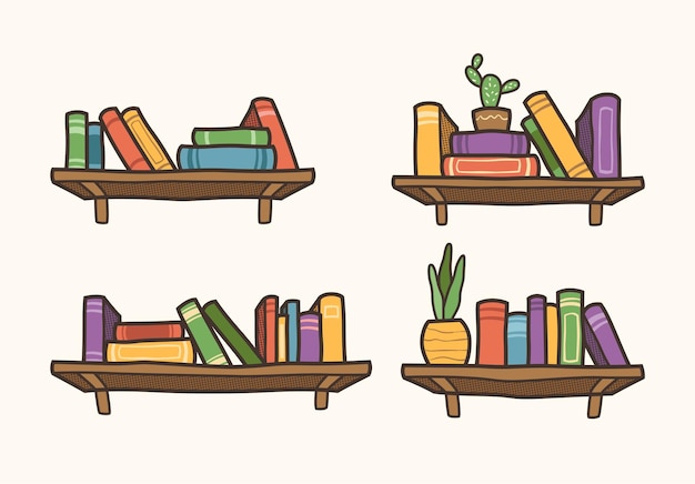 Vector set of interior bookshelves shelf book in room library