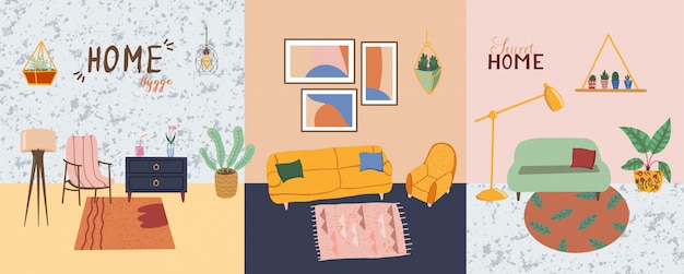 Vettore impostare elementi di interior design. mobili moderni soggiorno. divano, vaso di fiori, cactus, lampada da terra e da tavolo, foto sul muro e altri. stile hygge scandinavo accogliente casa