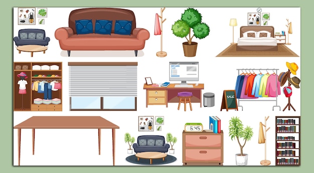 Vector set of interior furniture and decorations