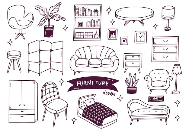 Vector set of interior object in hand drawn doodle style