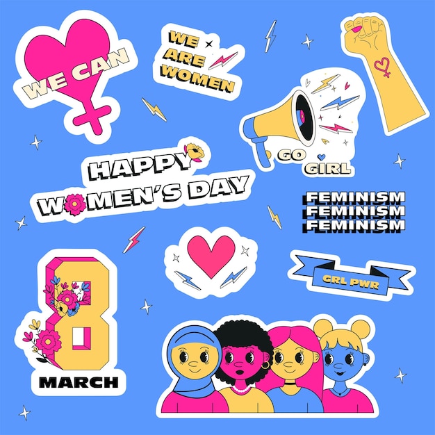 Vector set of international women's day  trendy feminist stickers