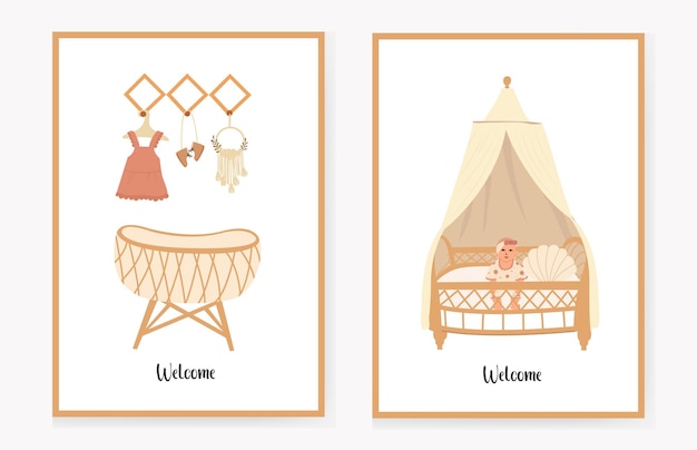 Set of invitation cards for children with a crib and a hanger in the boho style welcome