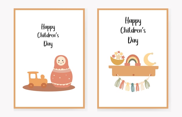 Set of invitation cards for children with a matryoshka doll and a shelf with decor