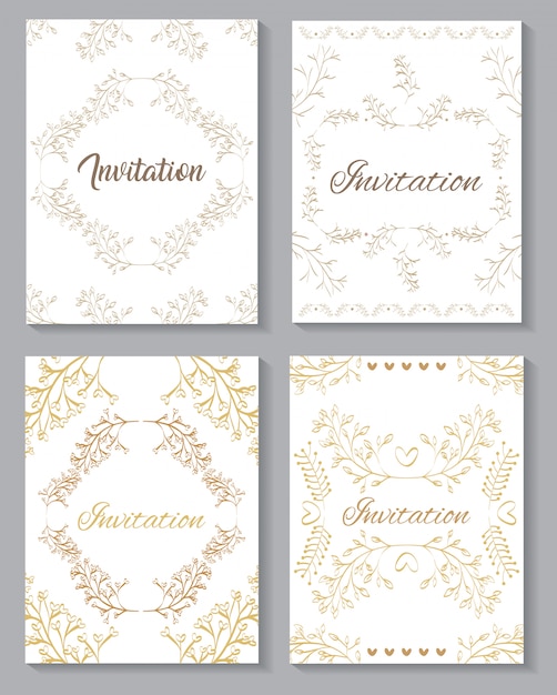 Set invitation cards with leafs golden calligraphy