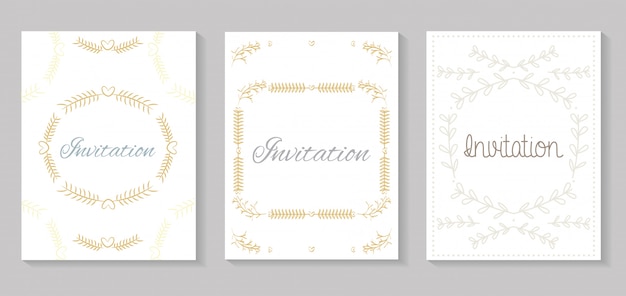 Set invitation cards with leafs golden calligraphy