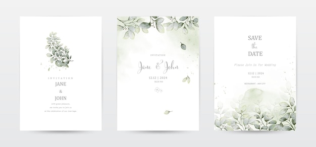 Vector set of invitation template cards with botanical and watercolor stains