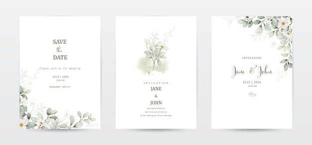 Vector set of invitation template cards with botanical and watercolor stains