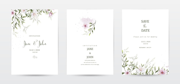 Vector set of invitation template cards with botanical and watercolor stains