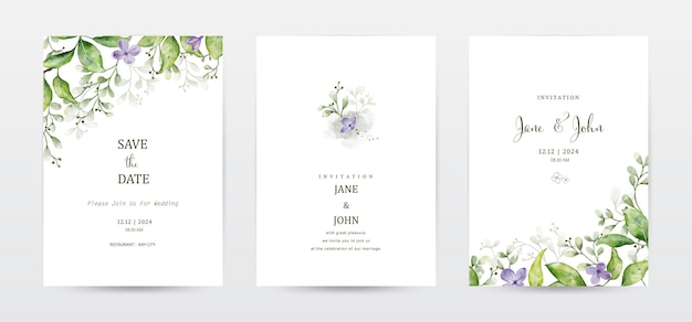 Vector set of invitation template cards with botanical and watercolor stains