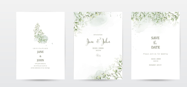 Vector set of invitation template cards with botanical and watercolor stains