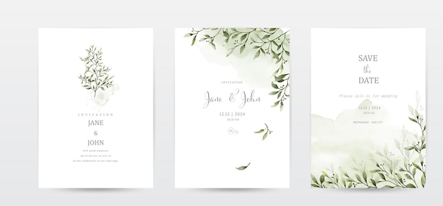 Vector set of invitation template cards with botanical and watercolor stains