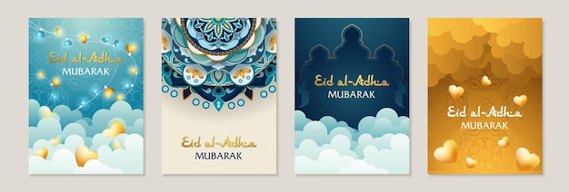 Vector set of invitations card for eid al adha mubarak with mandala geometric pattern arch lights cloud