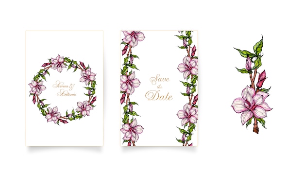 Set of invitations with Magnolia flowers