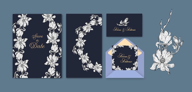 Set of invitations with Magnolia flowers