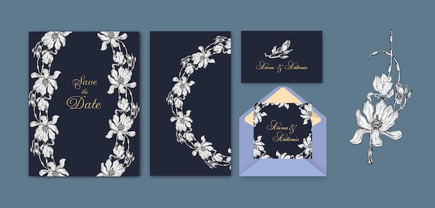 Set of invitations with Magnolia flowers