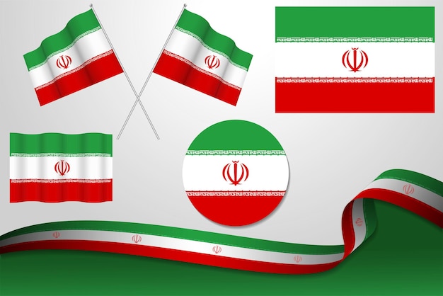 さまざまなデザインのイランの旗のセットアイコン背景とリボンの剥ぎの旗