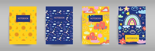 Imposta copertine iridescenti per quaderni con arcobaleni da ragazza boho nuvole pioggia e sole vector