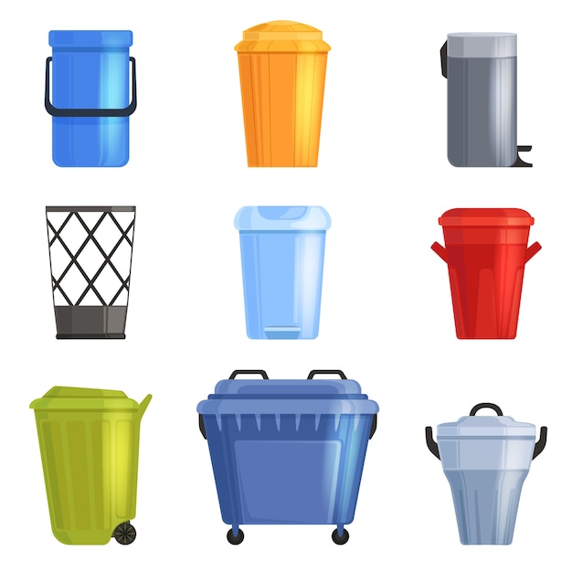 Vector set iron or plastic bucket, trash can. isolated