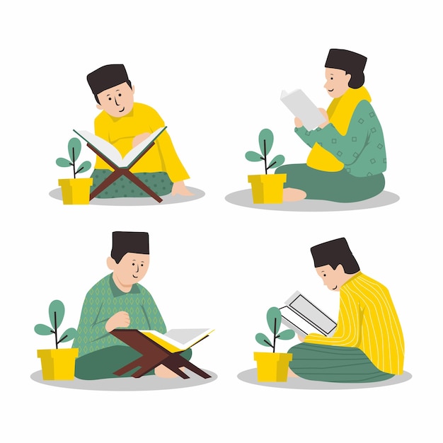 Set of Islamic education illustration of a boy reading a book