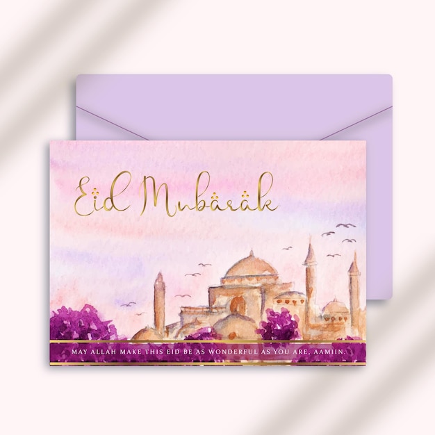 a set of islamic eid mubarak greeting card with mosque sketch watercolor