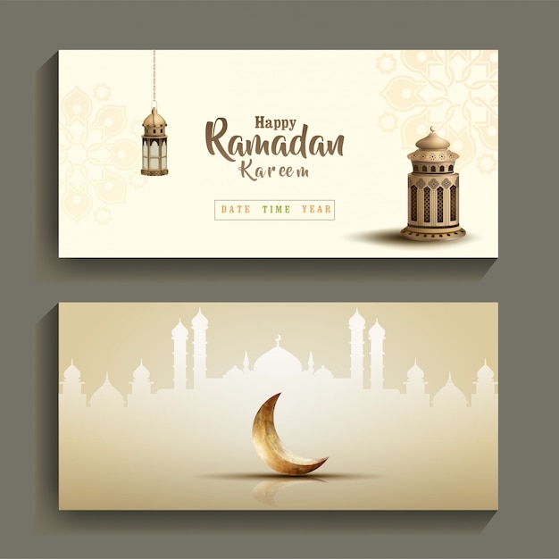 set of islamic greeting ramadan kareem banner with beautiful golden lantern and crescent moon