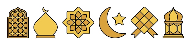 Vector set of islamic icons gold color simple vector isolated on white background