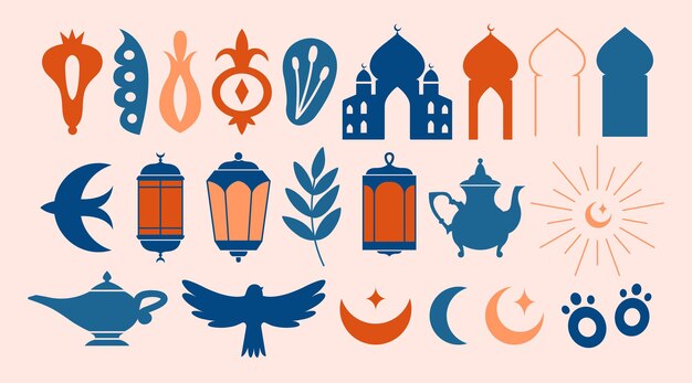 Vettore set di clip art musulmani islamici con illustrazioni minimaliste della luna dell'uccello della teiera della lampada della moschea