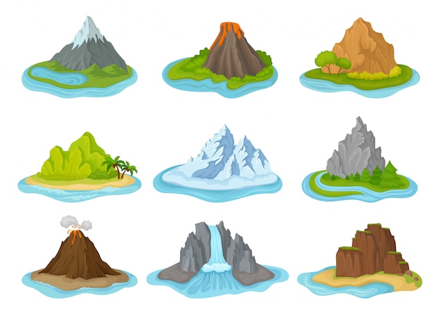 Vector set of islands with mountains surrounded by water. natural landscape. elements for travel poster or mobile game