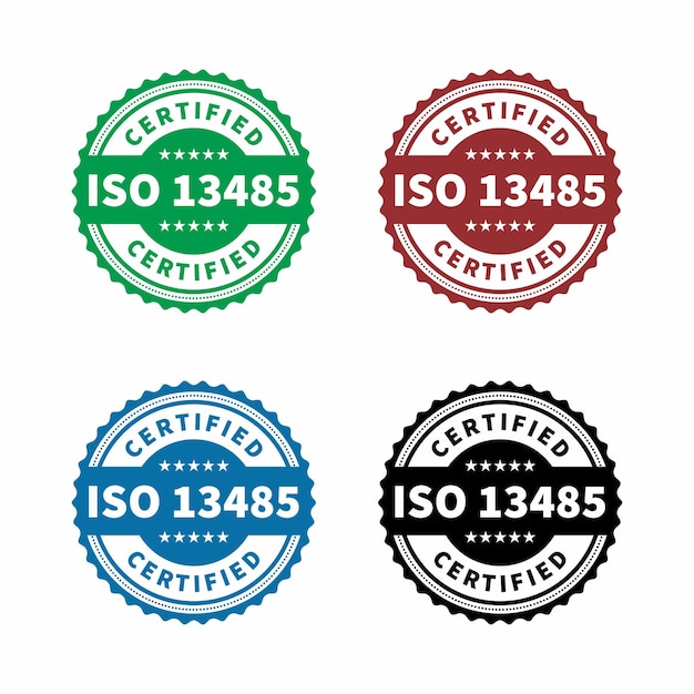 Set di icone del badge certificato iso 13485 timbro di certificazione vettore di design piatto