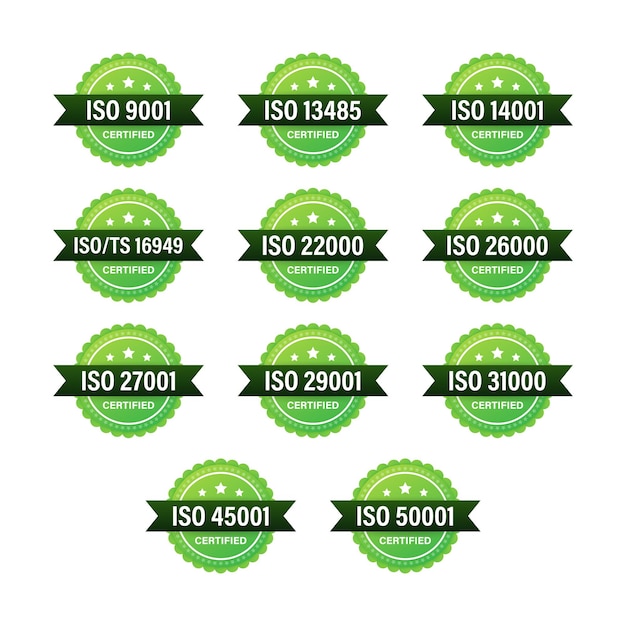 Set of ISO Certification stamp and labels ISO Certified badge Information security management