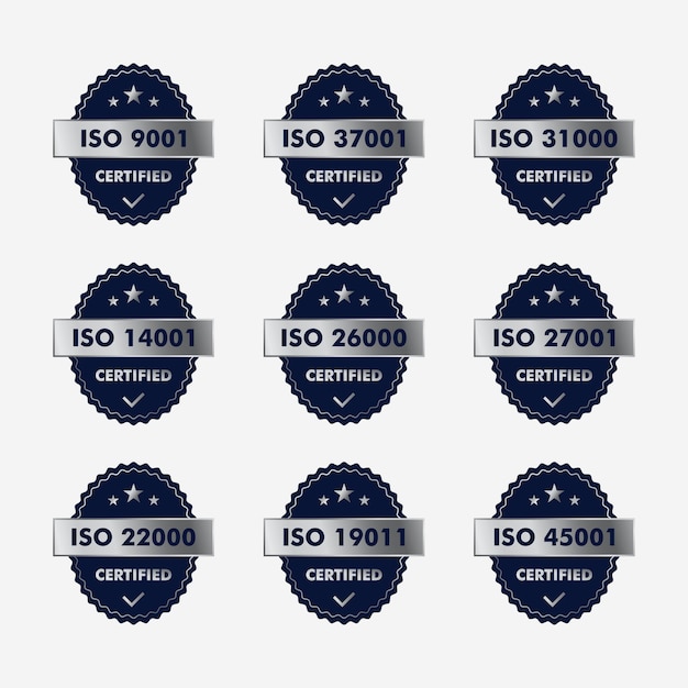 Vector set of iso certification stamp and labels quality management system iso 9001 iso 22000 iso 14001