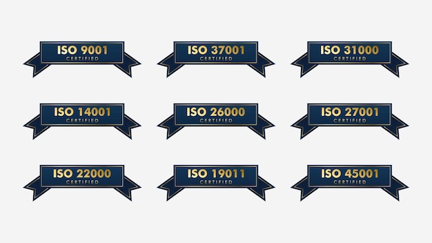 Set of ISO Certification stamp and labels quality management system ISO 9001 ISO 22000 ISO 14001