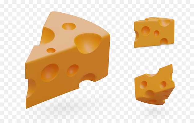 구멍이 있는 치즈의 분리된 3D 이미지 세트 스위스 치즈의 삼각형 조각을 잘라냅니다.