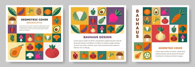 様々 な野菜とバウハウス スタイルの分離の抽象的な幾何学模様の背景のセット