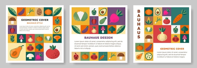 Set of isolated abstract geometric pattern background in bauhaus style with various vegetables