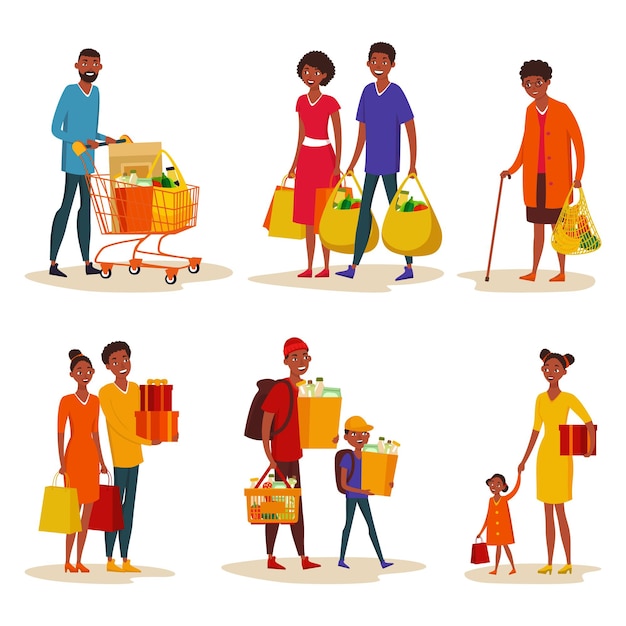 Vector set of isolated african american family at shopping mall