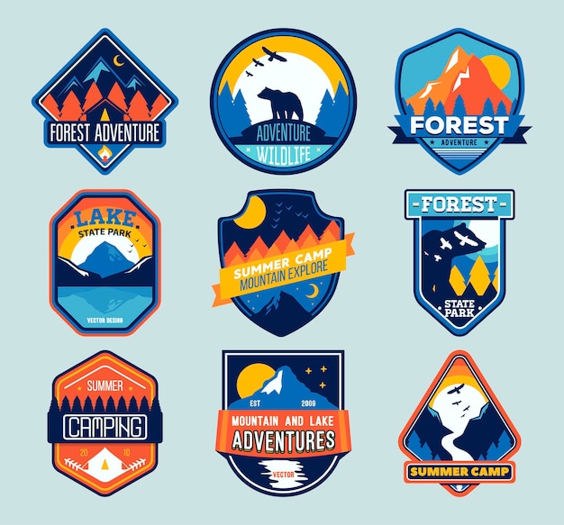 Vector set of isolated badges with mountain peaks and forest camp outdoor adventure emblems badges