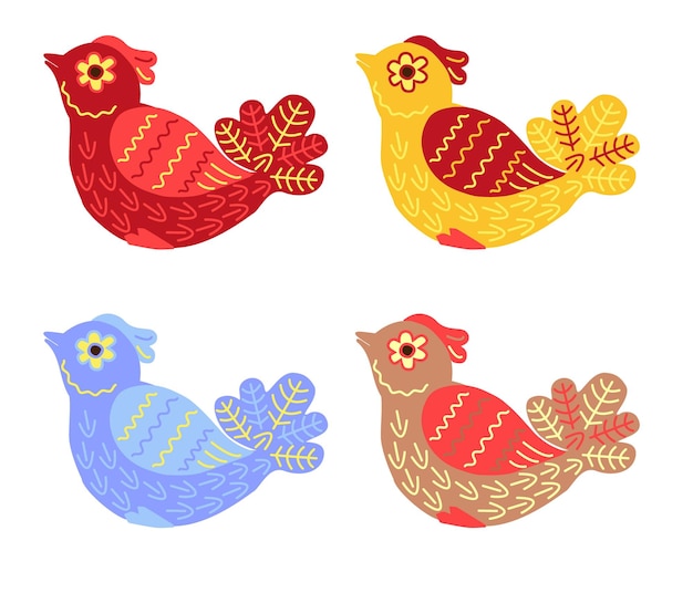 Set of isolated beautiful birds Stylized drawing