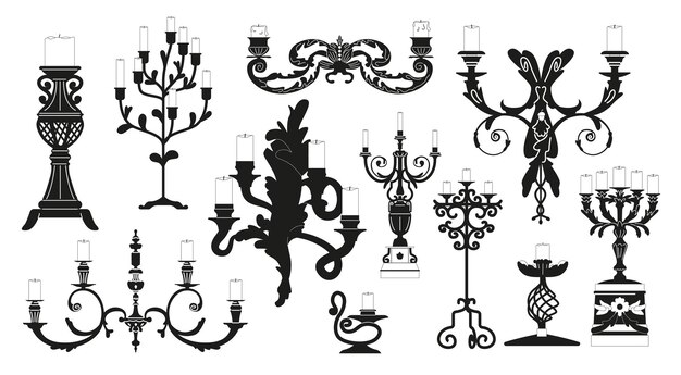 Vettore set di icone nere isolate di eleganti candelabri con disegni eleganti e forme diverse illustrazione vettoriale