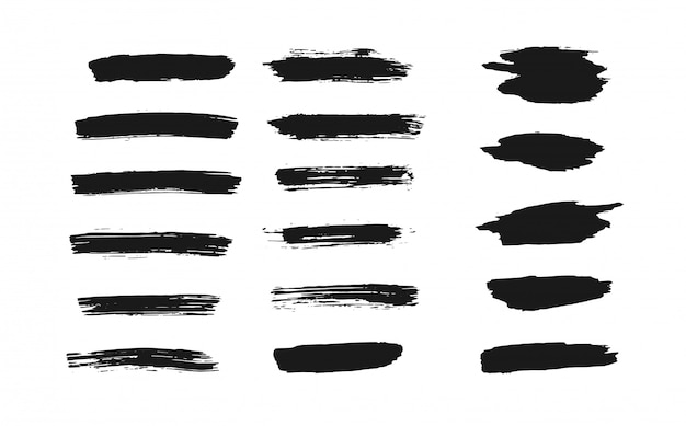 Set of isolated black thick ink brush strokes