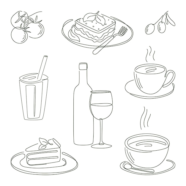 Set of isolated black and white food vector illustrations in line art style with endless line