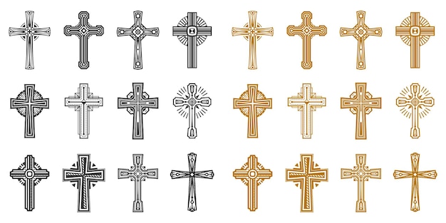 Set of isolated black and yellow religion cross