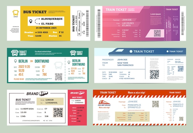 Set of isolated bus and train tickets