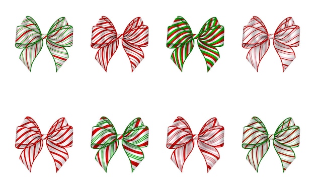 Set of isolated christmas bows with candy cane texture striped bow for christmas decorations